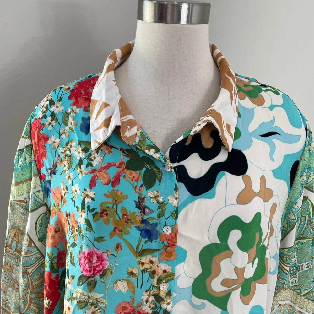 Rose + Olive Womens Plus 3X Patchwork Floral Paisley Button Front Blouse Top - Picture 2 of 9